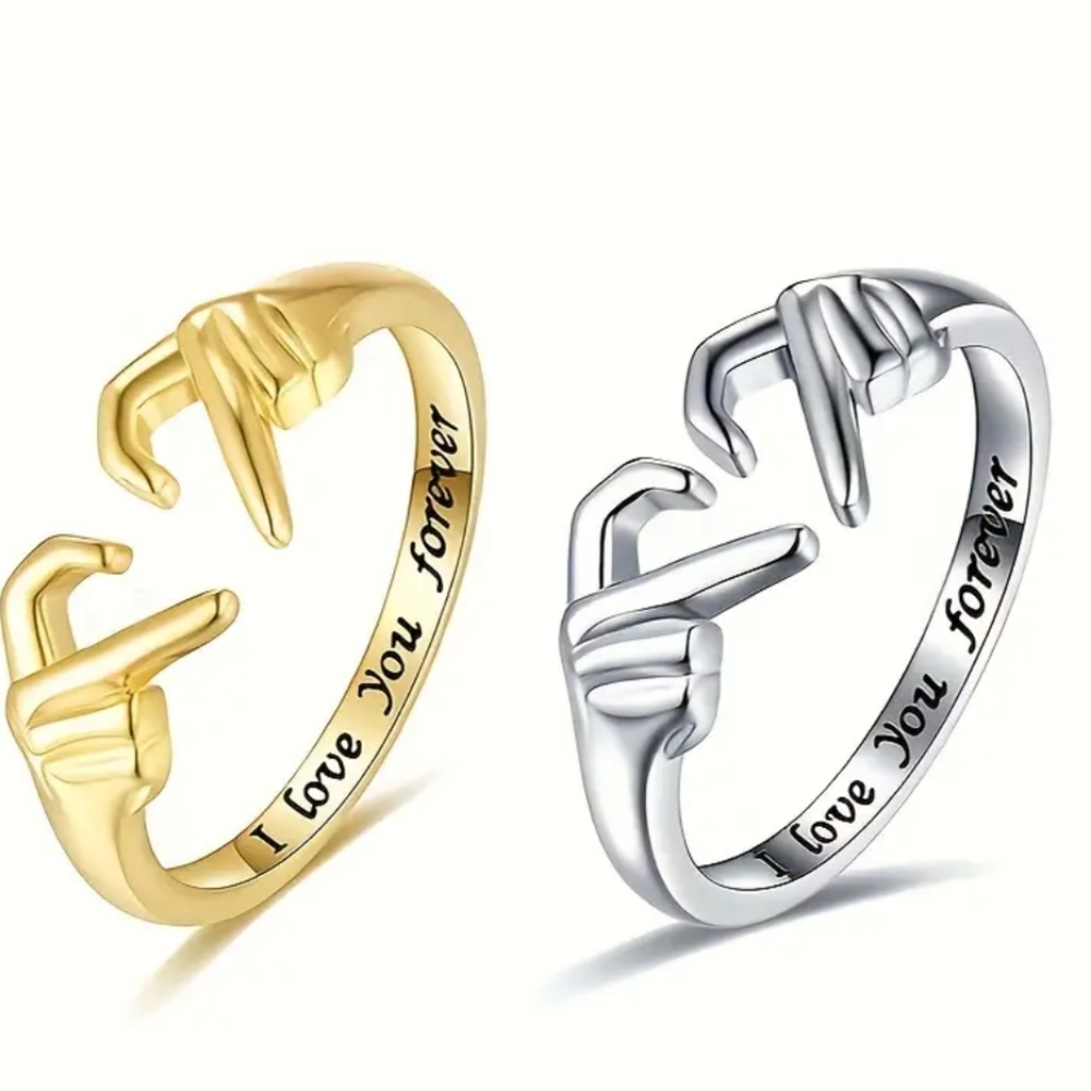 2 Rings 925 Sterling Silver Double Hands Heart Ring Love Hands Open Adjustable
